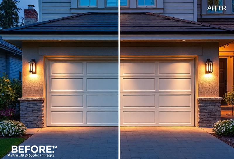 Before and after garage door replacement showing curb appeal improvement in Wellesley