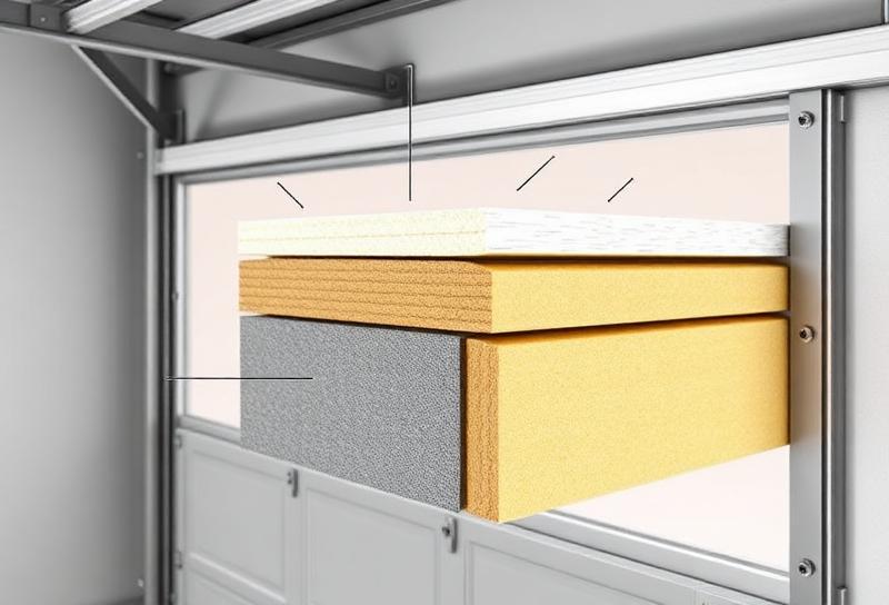 Cross-section view of insulated garage door panel showing R-value layers