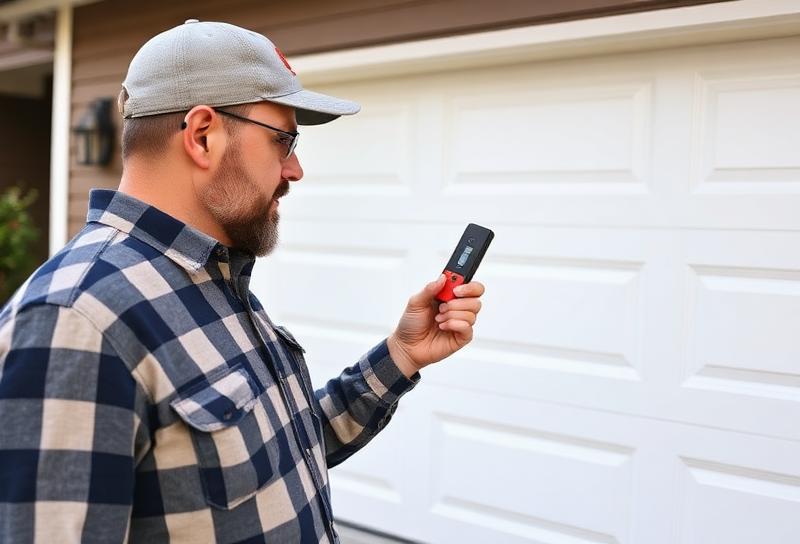 Homeowner troubleshooting garage door opener with remote control