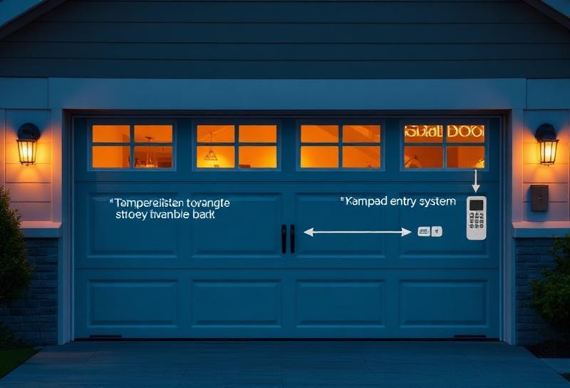 Modern garage door with keypad entry system and security features at night