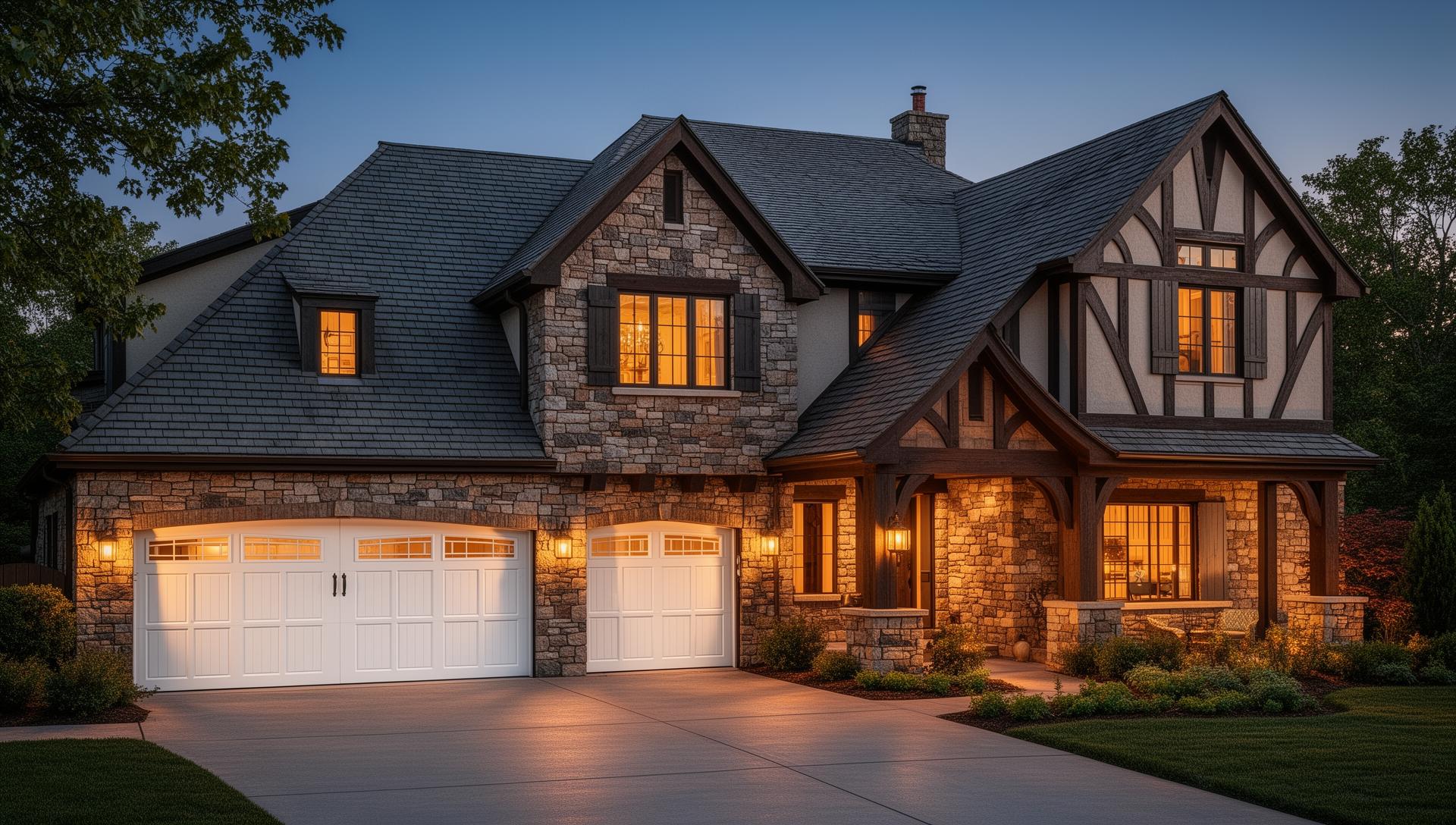 Beautiful Tudor style home with white carriage-style garage doors at dusk